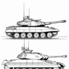 Black and white line drawing of two tanks side by side, showcasing different designs and features.