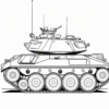 A side view of a military tank with a turret, tracks, and antennas, designed for coloring, featuring simple outlines.