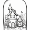 A whimsical, outlined illustration of a fairy tale house inside a jar, featuring pointed roofs, flowers, and small figures near the entrance.