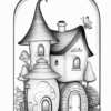 A whimsical jar containing two cartoon-style houses, one with a pointed roof and the other round, surrounded by mushrooms and foliage.