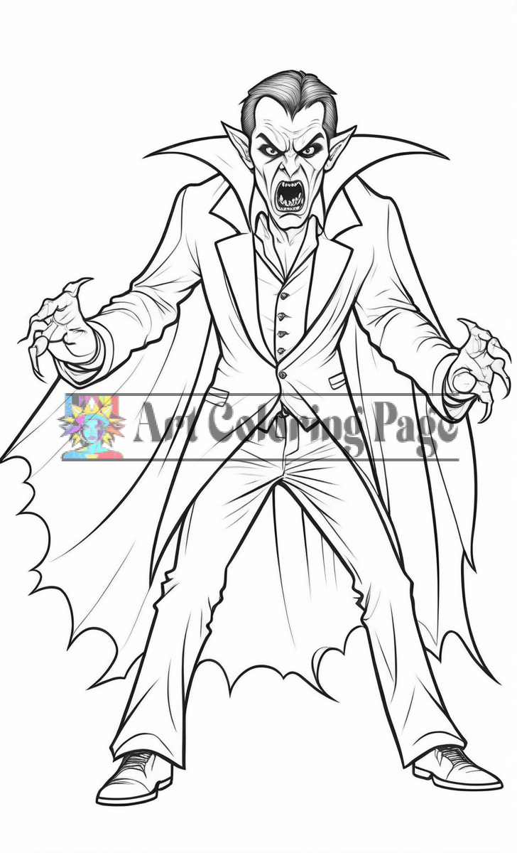 A menacing vampire in a white suit and cape, with sharp fangs, outstretched hands, and an angry expression.