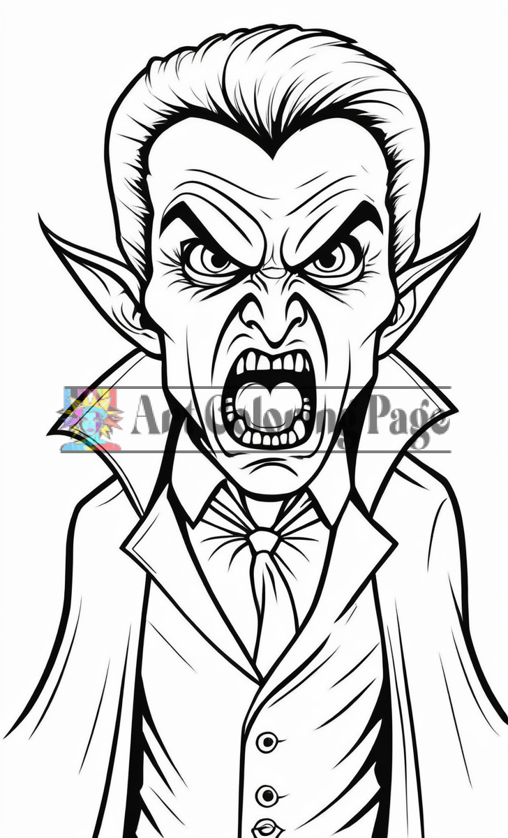 A fierce vampire with sharp fangs and intense eyes, wearing a formal suit with a cape, showcasing a menacing expression.