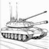 A detailed line art illustration of a military tank with two cannons and a turret, featuring a simple background.