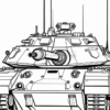 A detailed line drawing of a tank, featuring multiple cannons, antennas, and tracks, set against a plain background.