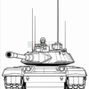 A military tank drawn in a line art style, featuring a soldier in the turret. The tank is detailed with treads and antennas.