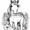 A cartoon unicorn with a flowing mane stands among flowers, featuring a prominent horn and a friendly expression.