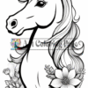 A unicorn's head surrounded by flowers, designed for coloring, featuring a flowing mane and expressive eyes.