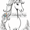 A unicorn with a spiral horn and flowing mane is surrounded by flowers.
