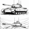 Black and white coloring page featuring two tank illustrations, each with distinct designs and details.
