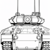 A detailed line drawing of a military tank viewed from the front, showcasing its turret and tracks.