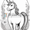 A unicorn standing majestically among flowers, with a swirling mane and a prominently displayed horn.