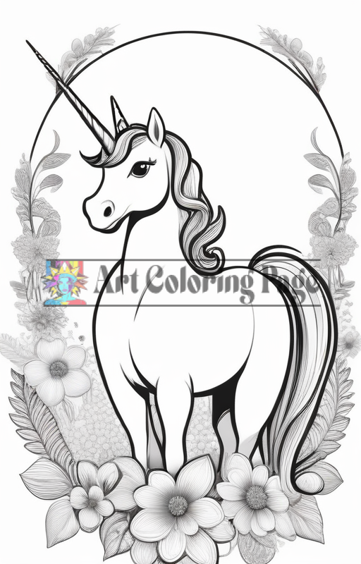 A unicorn standing majestically among flowers, with a swirling mane and a prominently displayed horn.
