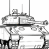 A detailed black and white illustration of a tank, featuring its turret, antenna, and caterpillar tracks, suitable for coloring.