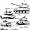 A line art coloring page featuring five different tanks with soldiers on top, set against a simple landscape background.