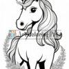 A unicorn with a flowing mane, surrounded by flowers and foliage, featuring a prominent horn and a playful expression.
