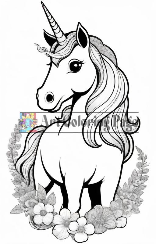 A unicorn with a flowing mane, surrounded by flowers and foliage, featuring a prominent horn and a playful expression.