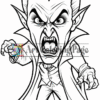 A fierce vampire character with exaggerated features, sharp fangs, and a dramatic cape, depicted in a black and white coloring page style.