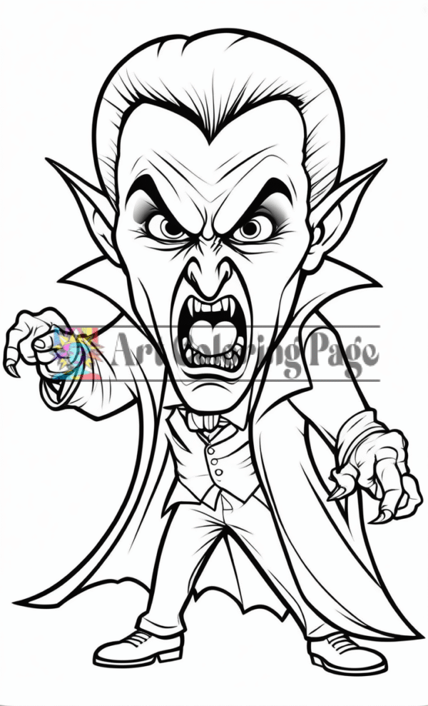 A fierce vampire character with exaggerated features, sharp fangs, and a dramatic cape, depicted in a black and white coloring page style.