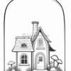 A whimsical illustration of a small house with a chimney and plants, contained within a glass jar, featuring mushrooms nearby.