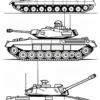 Four different tank illustrations in a line, showcasing varying designs and details, suitable for coloring activities.