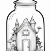 A whimsical house with a pointed roof and surrounding trees, enclosed in a glass jar.