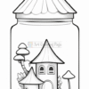 A whimsical drawing of two houses with pointed roofs inside a glass jar, surrounded by mushrooms and flowers.