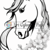 A detailed black-and-white drawing of a unicorn's head surrounded by flowers.
