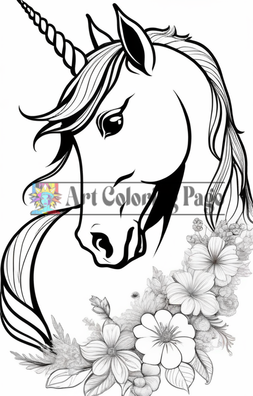 A detailed black-and-white drawing of a unicorn's head surrounded by flowers.