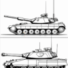 Two outlined drawings of tanks, with one featuring a turret and a cannon on top, and both showcasing detailed wheels and structures.