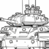 Detailed illustration of a tank with a soldier on top, featuring multiple antennas and large treads, in a coloring page style.