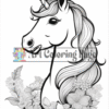 A unicorn head with a flowing mane, surrounded by various flowers, featuring intricate line art details.