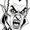 A vampire with a furious expression, showing sharp fangs and dramatic facial features, in a black and white coloring page style.