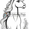 A detailed line drawing of a unicorn with a flowing mane, surrounded by flowers and decorative elements.