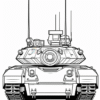 A line drawing of a military tank viewed from the front, featuring visible antennas and tracks.