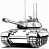 A detailed black and white line drawing of a tank, featuring its turret, cannon, and tracks prominently.