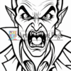A menacing vampire with sharp fangs and an angry expression, wearing a cape and cravat, in a black and white coloring page style.