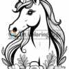 A detailed black and white unicorn illustration with flowing hair and a floral wreath around its neck.