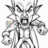 A detailed black and white illustration of a fierce vampire character with exaggerated features, wearing a long cape and shouting angrily.