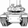 A detailed black and white illustration of a tank, featuring turret, tracks, and various attachments on top.