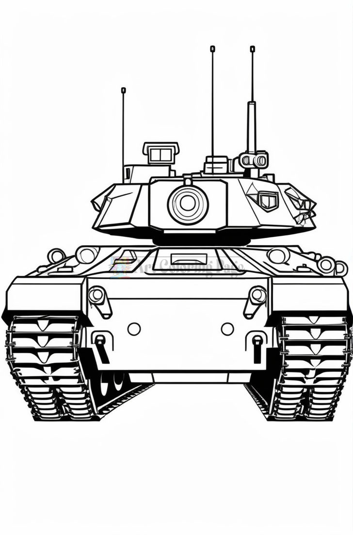 A detailed black and white illustration of a tank, featuring turret, tracks, and various attachments on top.