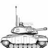 A detailed line drawing of a military tank with a soldier in the turret, ready for coloring.
