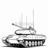 Line drawing of a tank with a rounded body, large tracks, and a turret featuring a cannon on top.