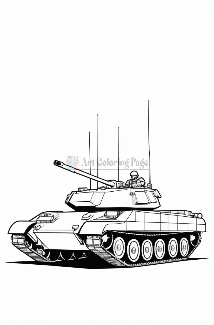 Line drawing of a tank with a rounded body, large tracks, and a turret featuring a cannon on top.