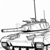 A military tank outlined for coloring, featuring a turret, cannon, and tracks, set against a blank background.