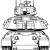 A detailed black and white coloring page of a military tank viewed from the front.