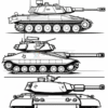 Three distinct military tanks displayed in a side view: a modern tank on top, a mid-century tank in the middle, and an older model at the bottom, all in a simple line drawing style.