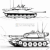 A line drawing of three different tanks, with two soldiers perched on top of the first tank, all against a simple landscape.