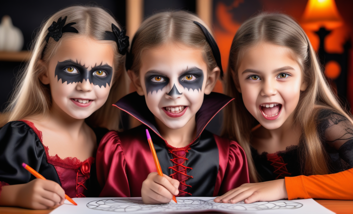 Three girls in Halloween costumes are coloring together, with impressive face paint and excited expressions.