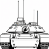 A detailed line drawing of a military tank, viewed from the front, showcasing its turret and multiple antennas.