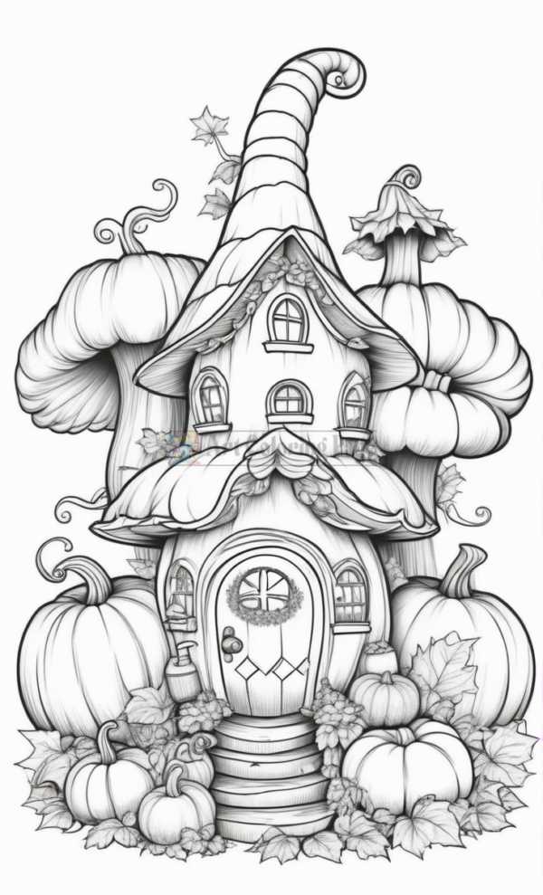 A whimsical fairytale house surrounded by oversized mushrooms and pumpkins, featuring a curvy roof and intricate details.